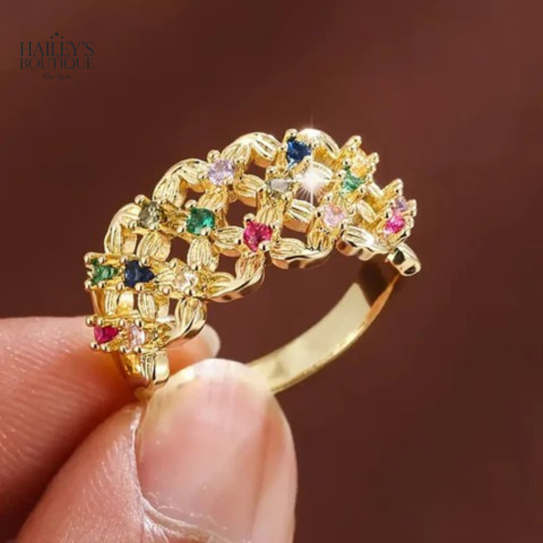 COLORFUL ZIRCONIA GOLD HOLLOW RING