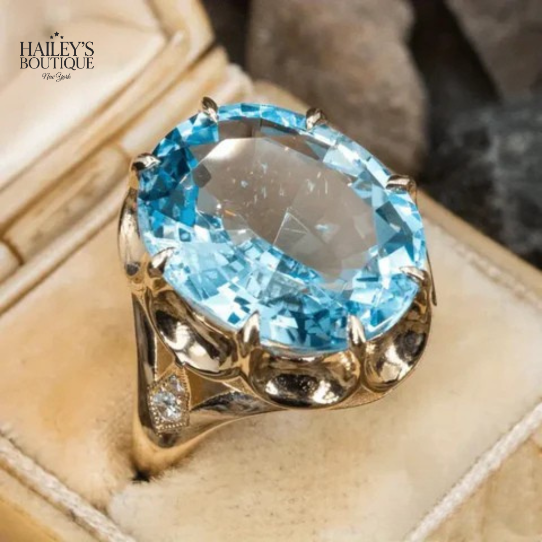 Bright Sky Blue Crystal Gold Ring