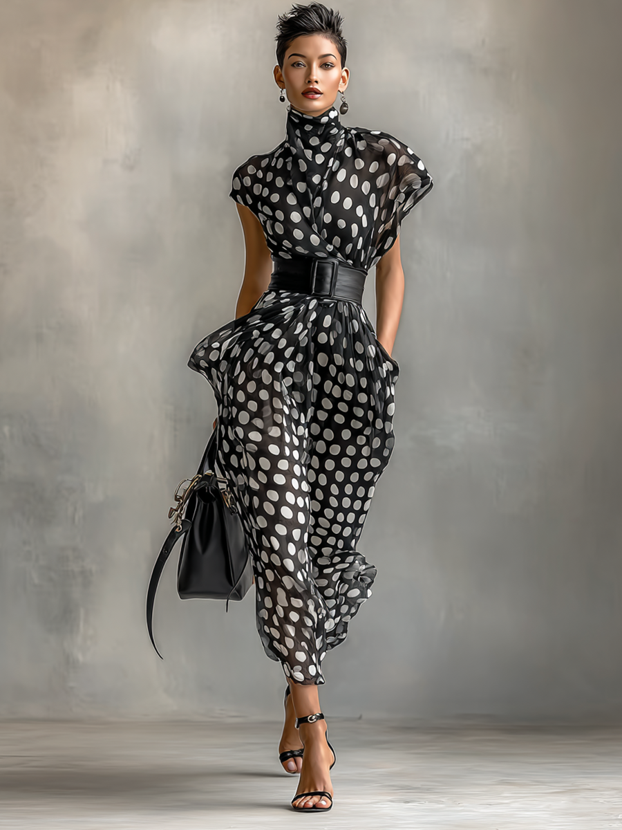 Silvia | Chiffon Maxi Dress with Polka Dot Print and High Neck