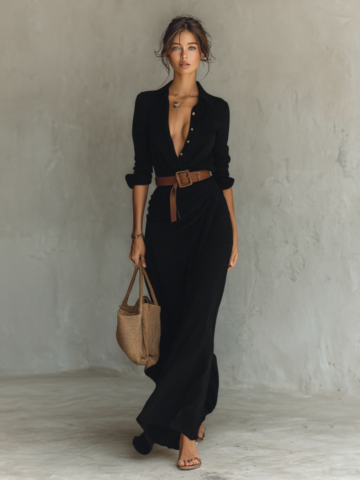 Marina | Long Maxi Dress with Lapel Collar and Waistband