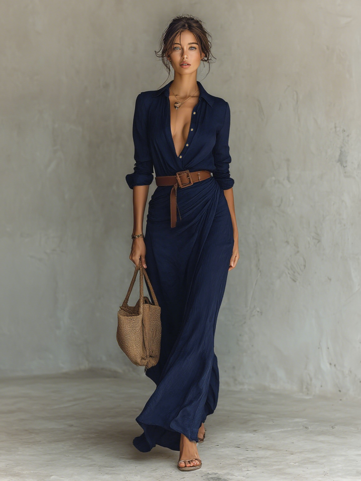 Marina | Long Maxi Dress with Lapel Collar and Waistband