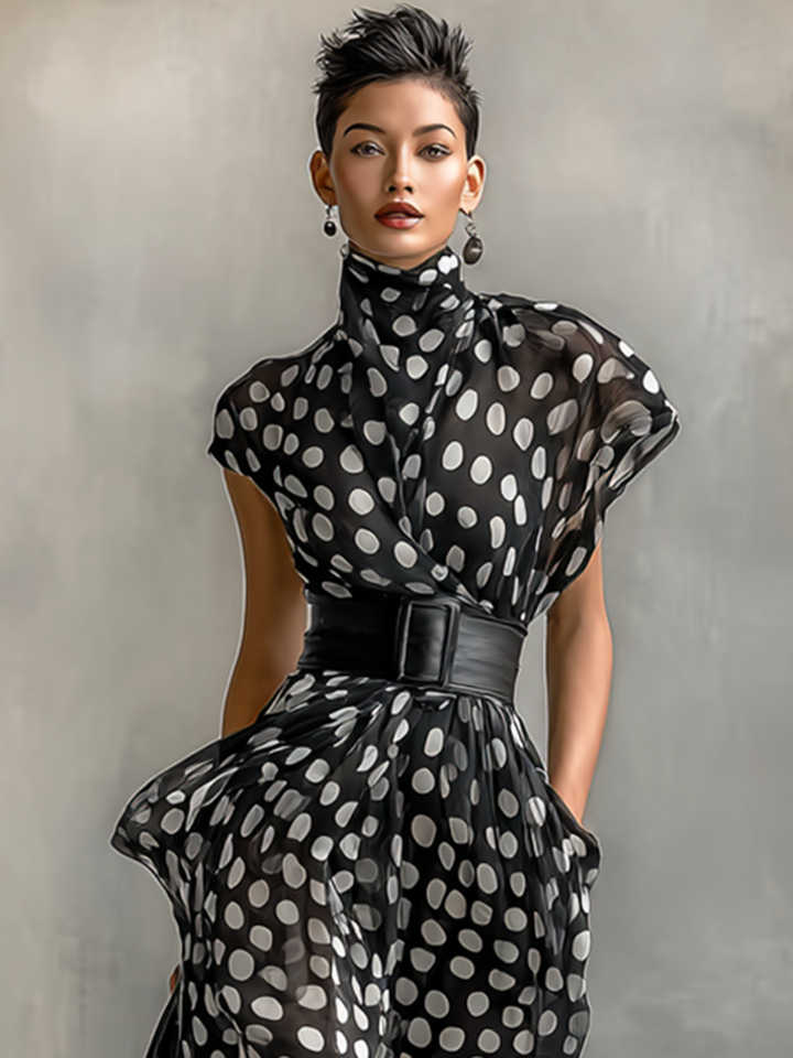 Silvia | Chiffon Maxi Dress with Polka Dot Print and High Neck