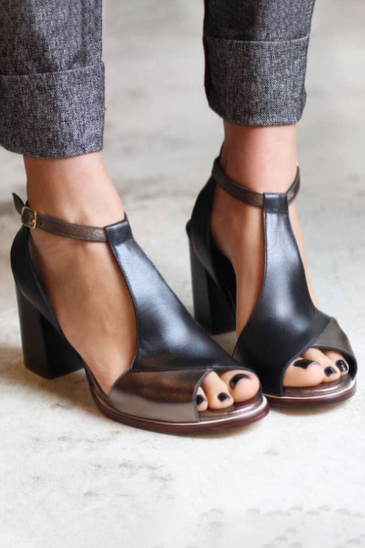 Anyao™ | Black Patchwork Open-Toe Heeled Sandals