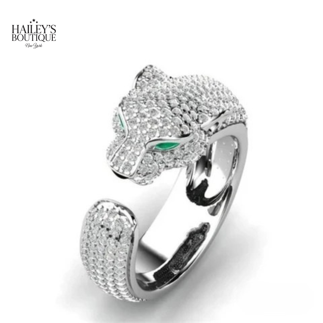 ADJUSTABLE JAGUAR RING IN SILVER AND ROSE GOLD WITH GREEN ZIRCONIA EYES
