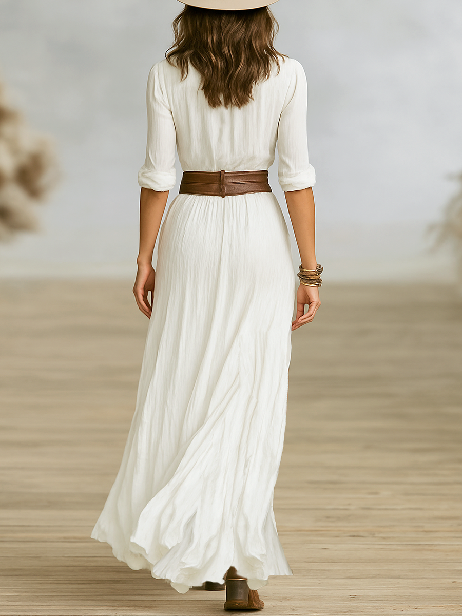 Laura | Women's Long Maxi Dress in Cotton and Linen with Lapel Collar