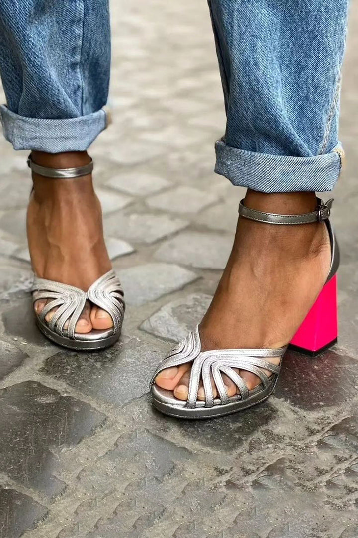 Naelle™ | Glossy Chunky Heel Sandals with Elegant Buckle
