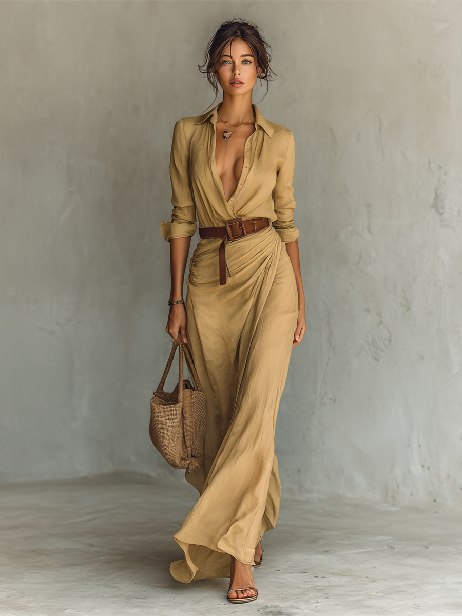 Marina | Long Maxi Dress with Lapel Collar and Waistband