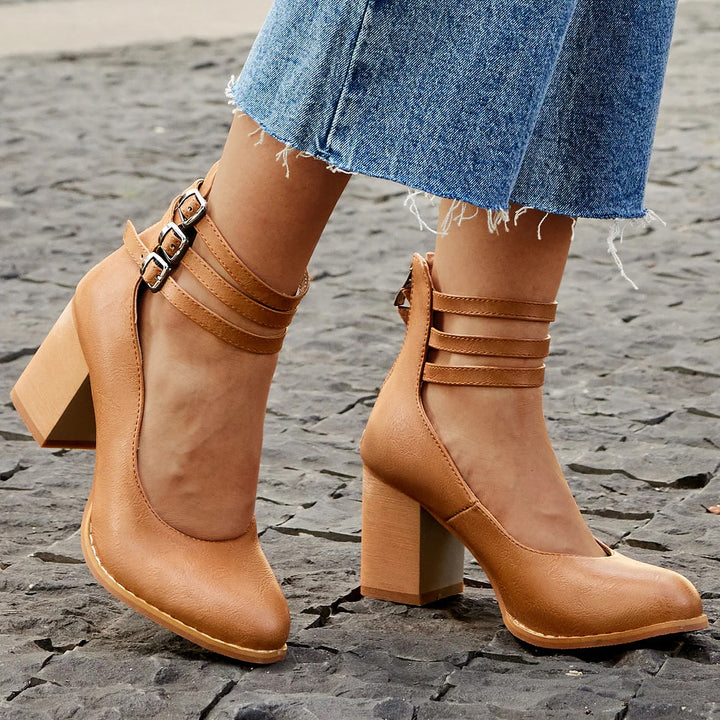 Caa™ | Smooth Ankle-Strap Sandals with Chunky Heel