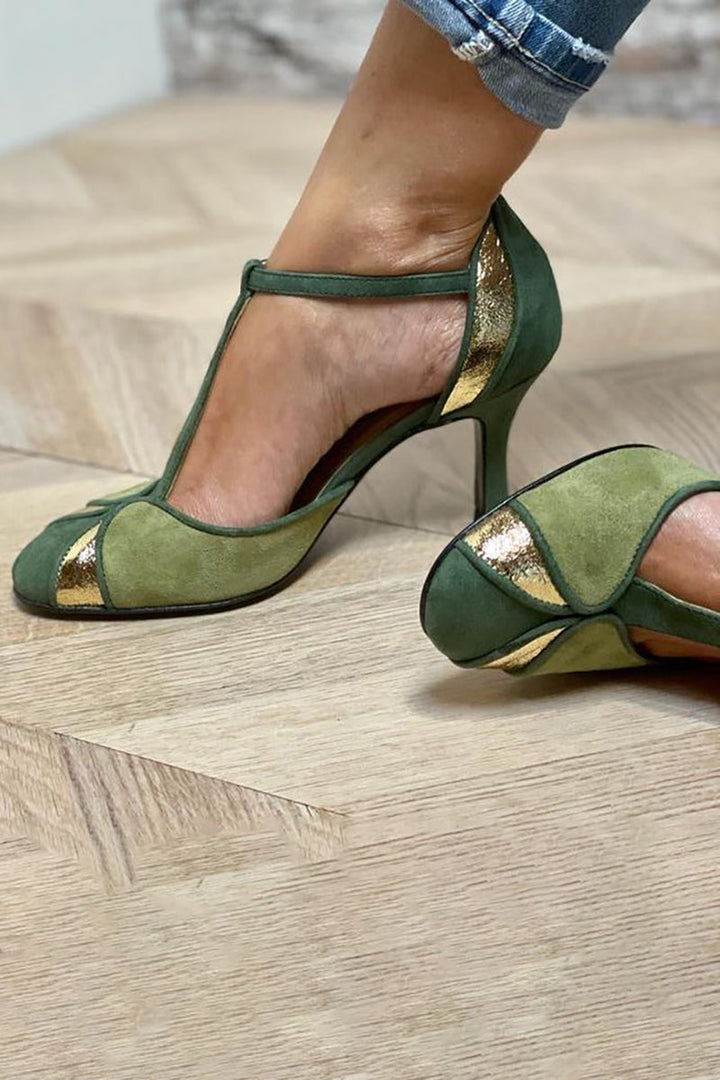 Alona™ | Patchwork T-Strap Heels with Closed Toe