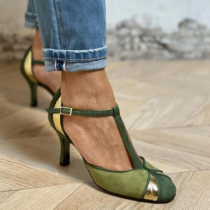 Alona™ | Patchwork T-Strap Heels with Closed Toe
